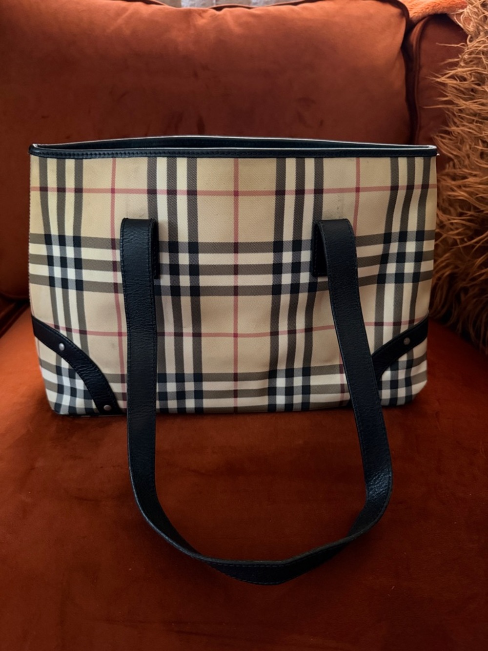 Authentic Burberry Nova Check Tote Bag Beige Plaid Coated Canvas Black Leather